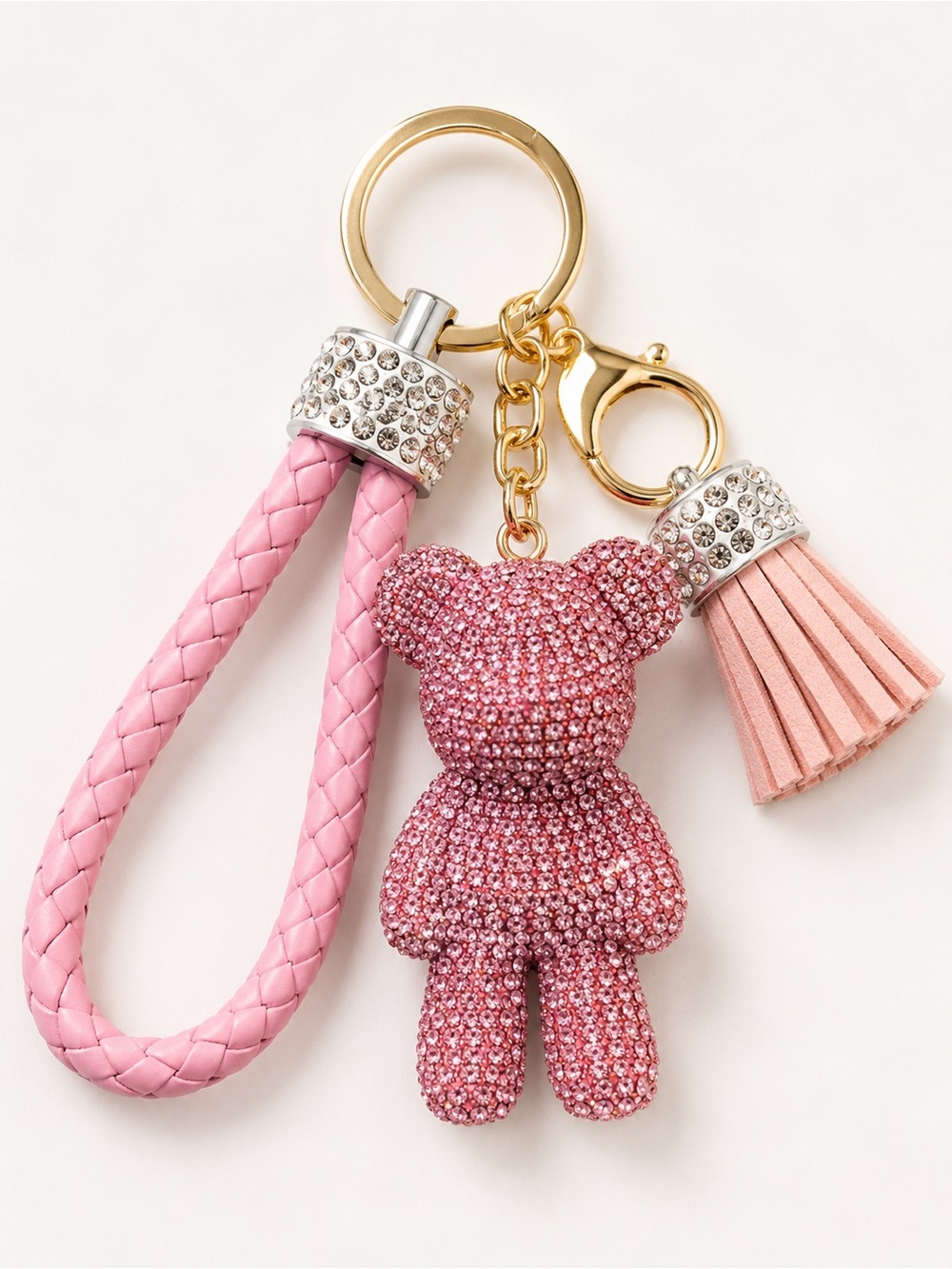 Pink Rhinestone Crystal Teddy Bear Keychain Wristlet Braided Strap Tassel NWT
